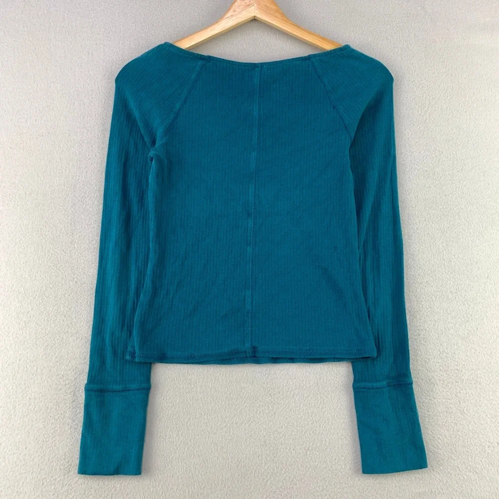 Free People Bit of Lace Layering Rib Knit Top Womens XS Teal Long Sleeve Boho